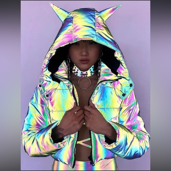 thumbnail image 2 of Iridescent Holographic Hooded Jacket - Shiny Hip Hop Coat For Men & Women 2 of 12